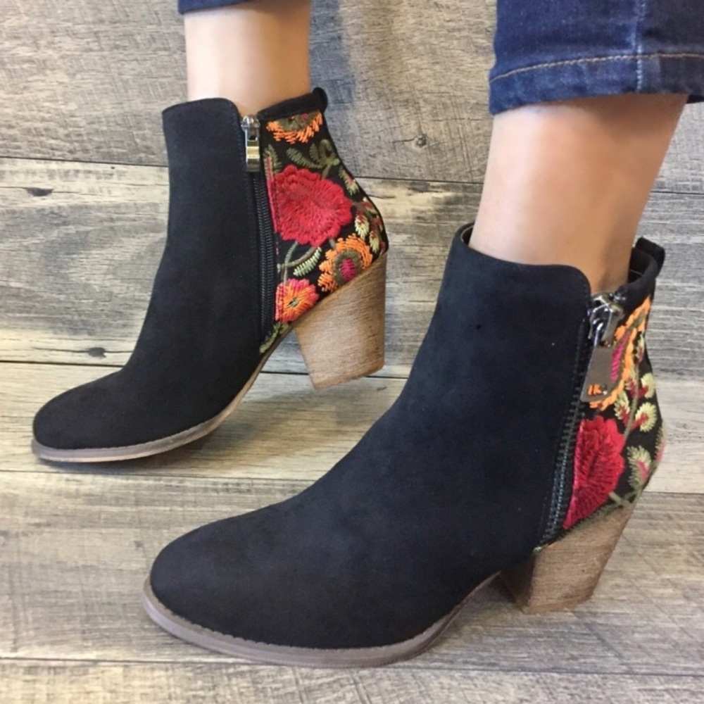Black Faux Suede flower booties